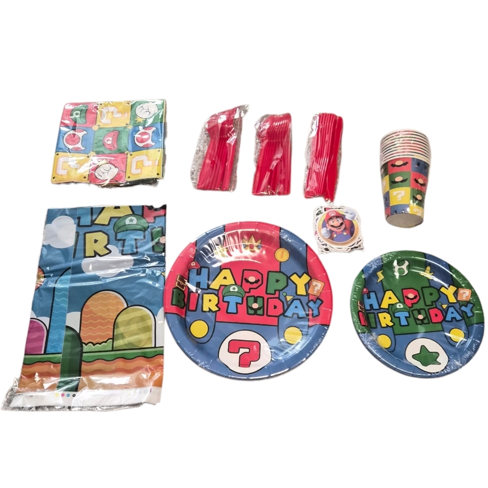 Super Mario Birthday Party Supplies Bundle Plates Cups Napkins Table Cover